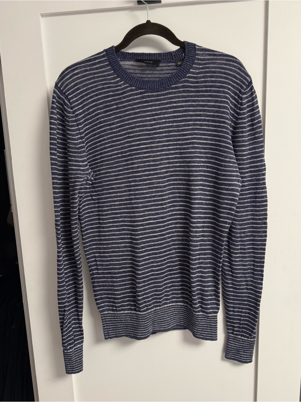 Vince Navy and White Striped LinenCrewneck Sweater